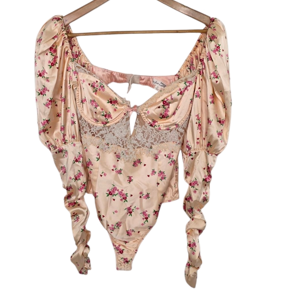 For Love And Lemons Astor Pink Floral Bodysuit Lace Open Back Size Small